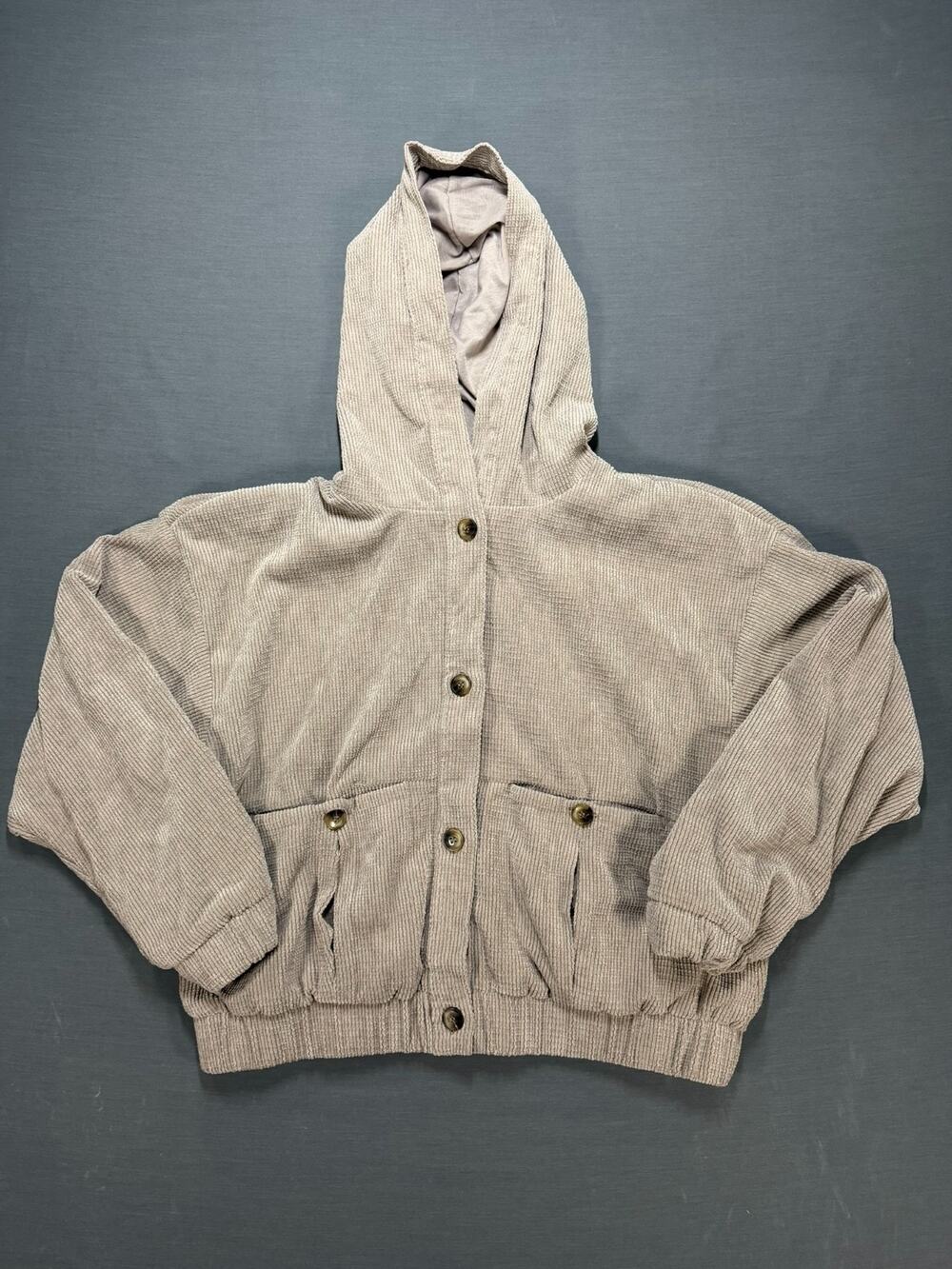 NWT Stoosh Women’s M Atmosphere Taupe Corduroy Hooded Cropped Jacket